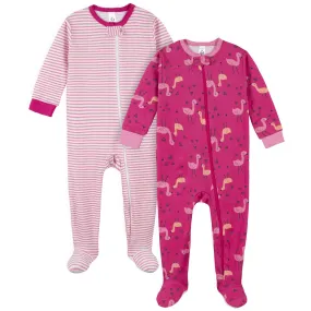 2-Pack Girls Flamingo Snug Fit Footed Cotton Pajamas