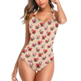 2 roses on light beige Women's Halter Neck Gather Chest Swimsuit (Model S52)