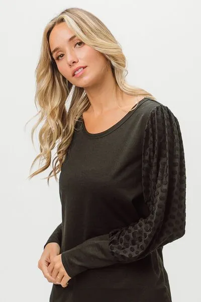 Black Round Neck Polka Dot Lantern Sleeve Top