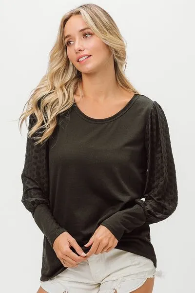 Black Round Neck Polka Dot Lantern Sleeve Top