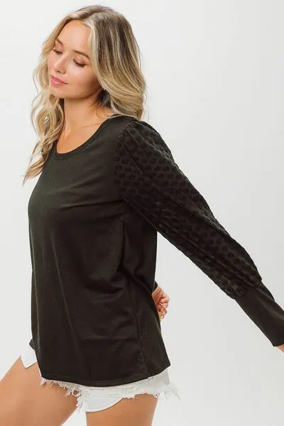 Black Round Neck Polka Dot Lantern Sleeve Top