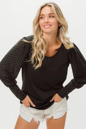 Black Round Neck Polka Dot Lantern Sleeve Top