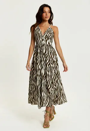 Liquorish Brown Zebra Strappy Midi Dress With Open Back