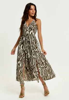 Liquorish Brown Zebra Strappy Midi Dress With Open Back