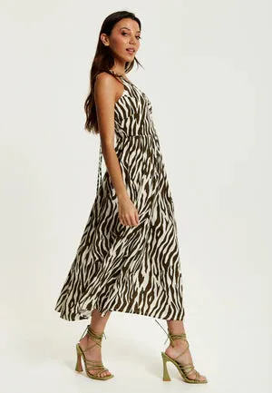 Liquorish Brown Zebra Strappy Midi Dress With Open Back