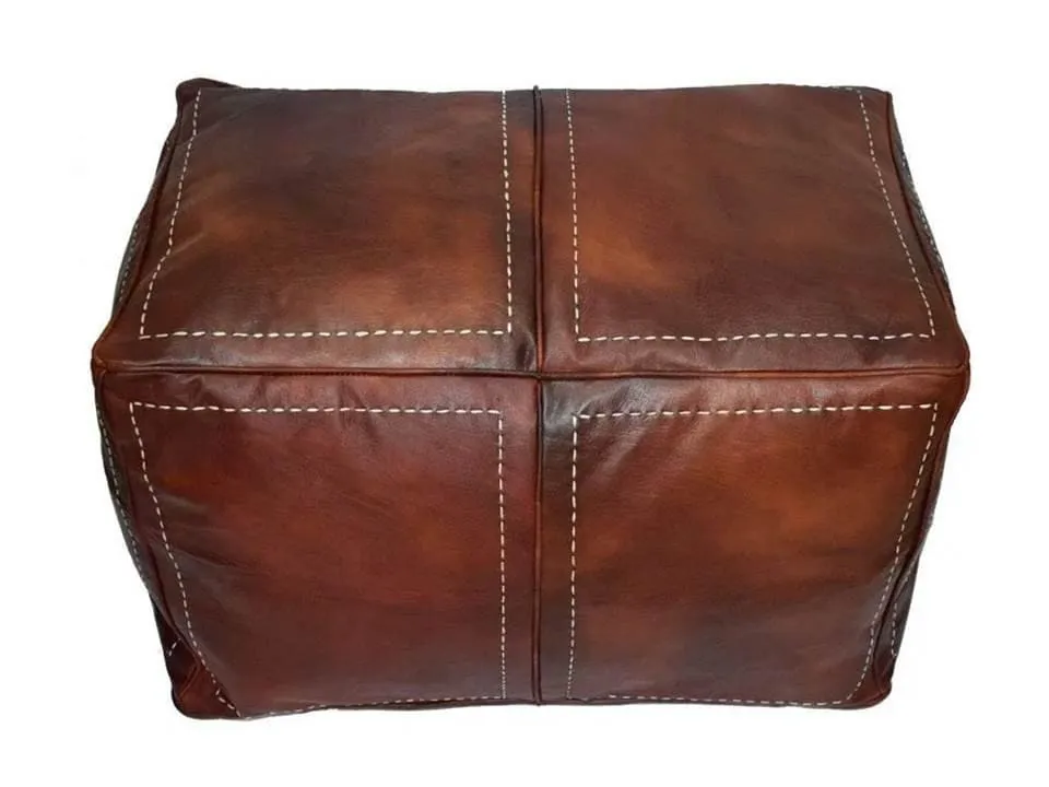 Moroccan Leather Pouf / Ottoman - Rectangular - Brown Caramel - Salwa