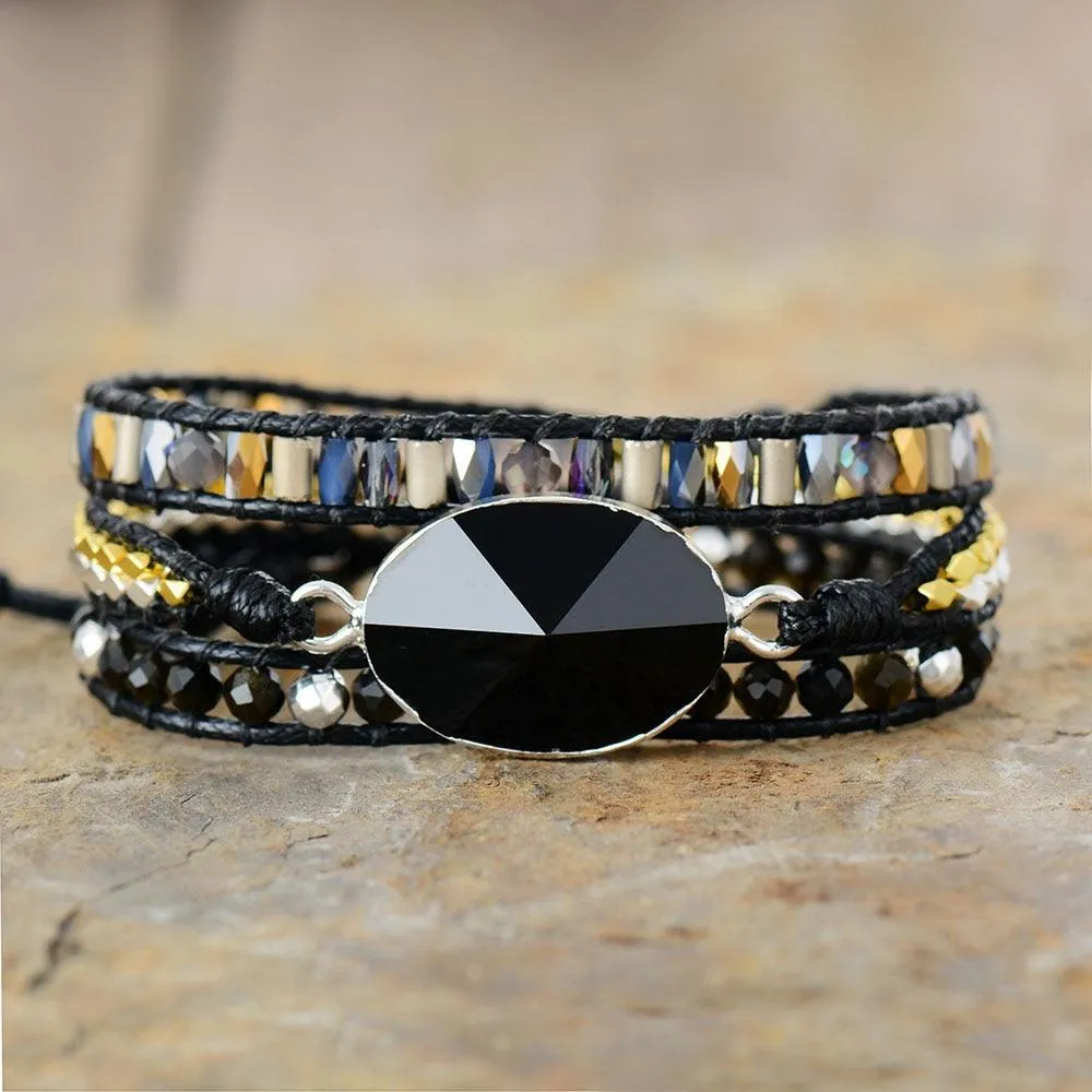 Onyx Charm Wax Cord Wrap Bracelet