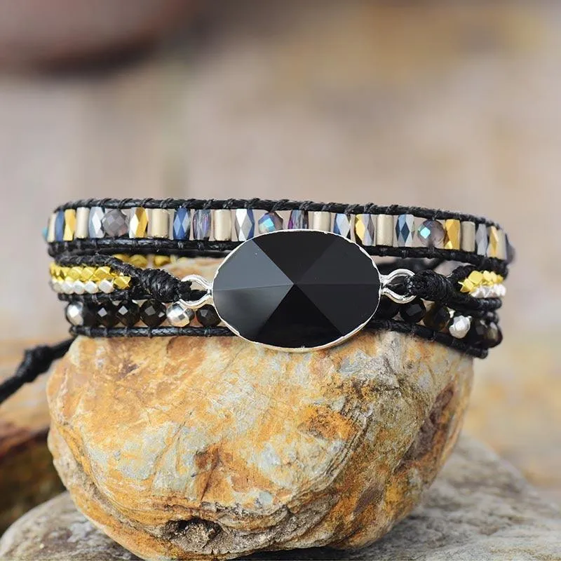 Onyx Charm Wax Cord Wrap Bracelet