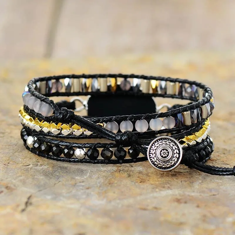 Onyx Charm Wax Cord Wrap Bracelet